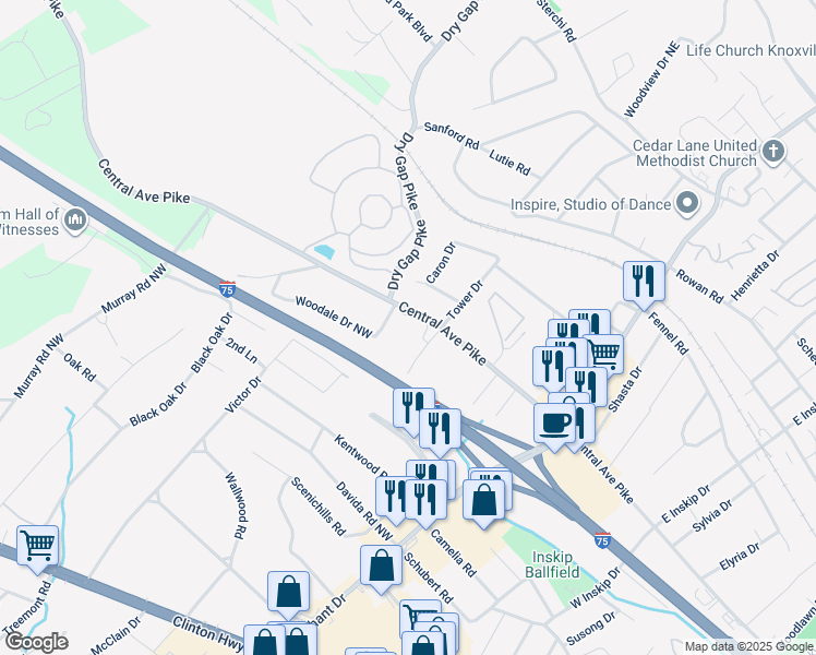 map of restaurants, bars, coffee shops, grocery stores, and more near 5612 Central Avenue Pike in Knoxville