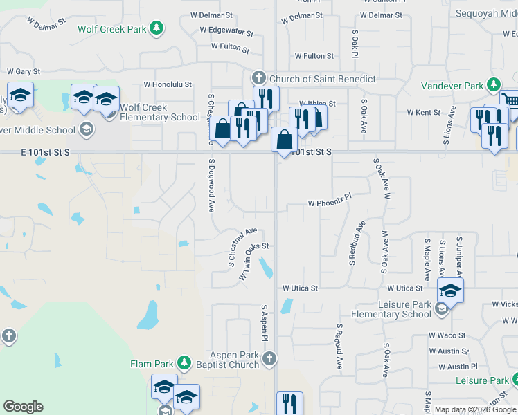 map of restaurants, bars, coffee shops, grocery stores, and more near 2328 West Quantico Street in Broken Arrow