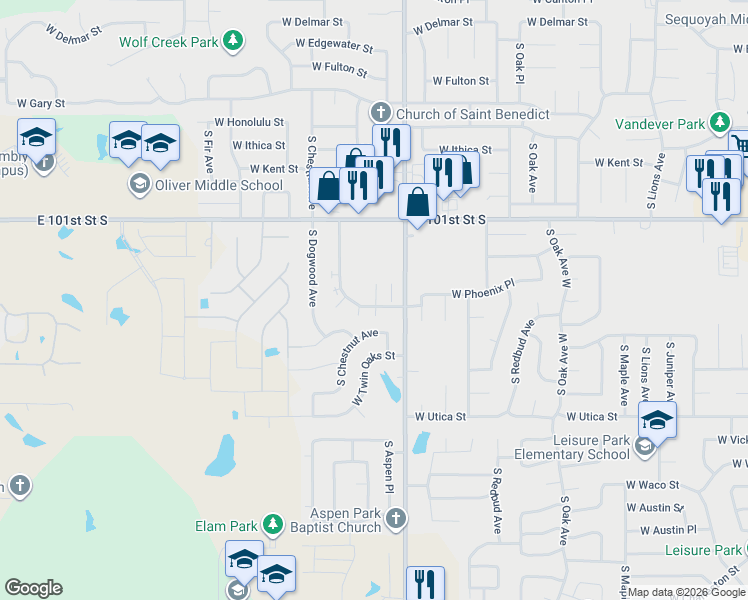 map of restaurants, bars, coffee shops, grocery stores, and more near 2328 West Quantico Street in Broken Arrow