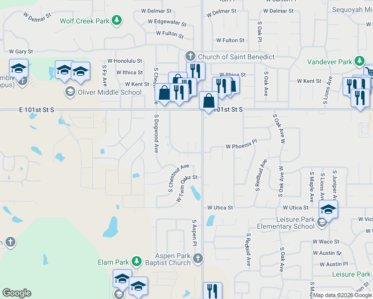 map of restaurants, bars, coffee shops, grocery stores, and more near 2328 West Quantico Street in Broken Arrow