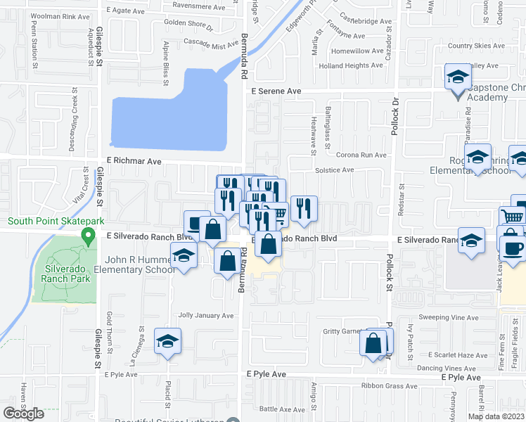 map of restaurants, bars, coffee shops, grocery stores, and more near 452e East Silverado Ranch Boulevard in Las Vegas