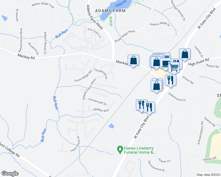 map of restaurants, bars, coffee shops, grocery stores, and more near 5509 Pebble Garden Court in Greensboro
