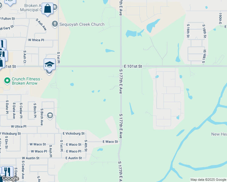 map of restaurants, bars, coffee shops, grocery stores, and more near 10308 South Lynn Lane Road in Broken Arrow