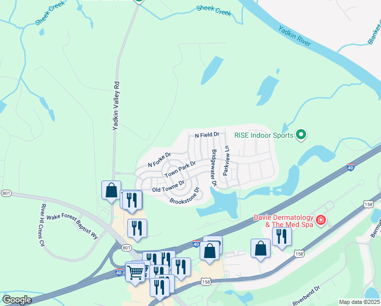 map of restaurants, bars, coffee shops, grocery stores, and more near 120 Rosewalk Lane in Advance