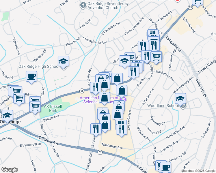 map of restaurants, bars, coffee shops, grocery stores, and more near 849 Main Street West in Oak Ridge