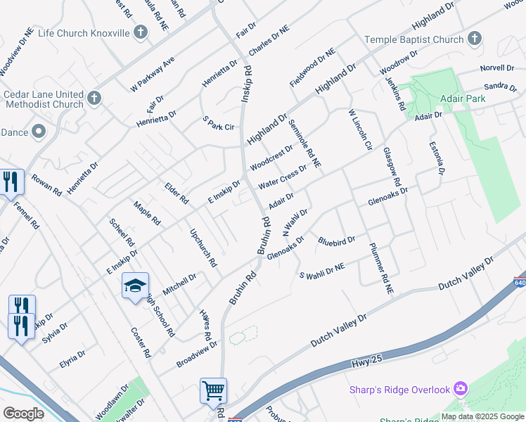 map of restaurants, bars, coffee shops, grocery stores, and more near 832 Adair Drive in Knoxville