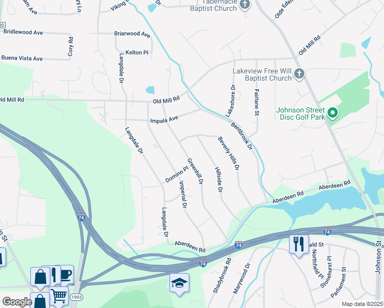 map of restaurants, bars, coffee shops, grocery stores, and more near 3504 Greenhill Drive in High Point