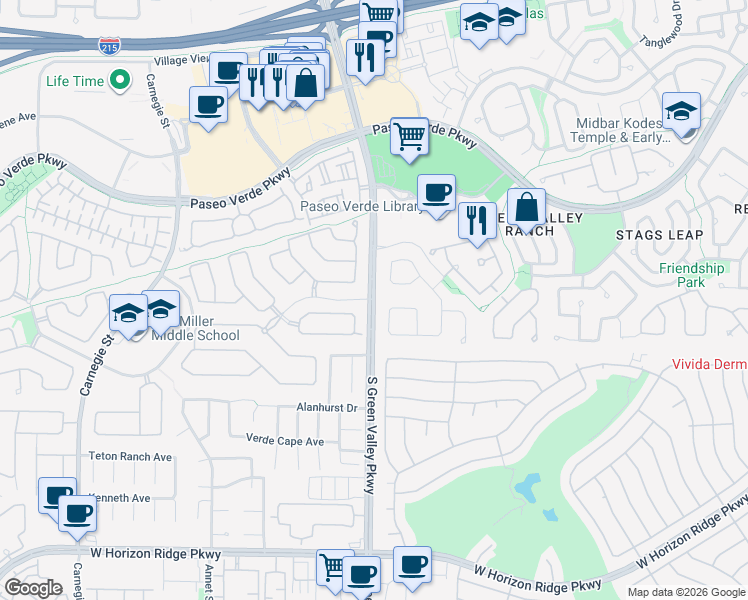 map of restaurants, bars, coffee shops, grocery stores, and more near S Green Valley Pkwy & Wingbrook Ave in Henderson