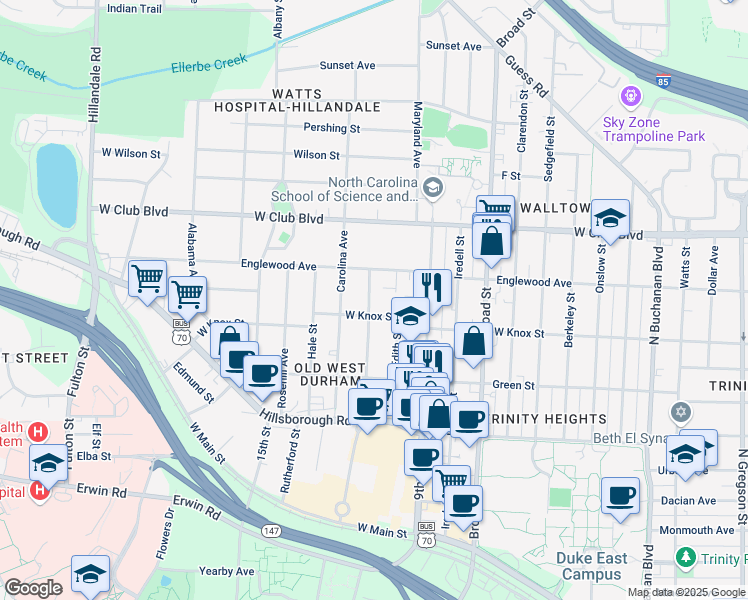map of restaurants, bars, coffee shops, grocery stores, and more near 1004 Virgie Street in Durham