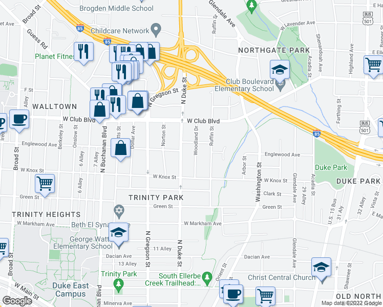 map of restaurants, bars, coffee shops, grocery stores, and more near 1425 Woodland Drive in Durham