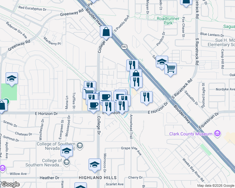 map of restaurants, bars, coffee shops, grocery stores, and more near 566 Jane Lane in Henderson