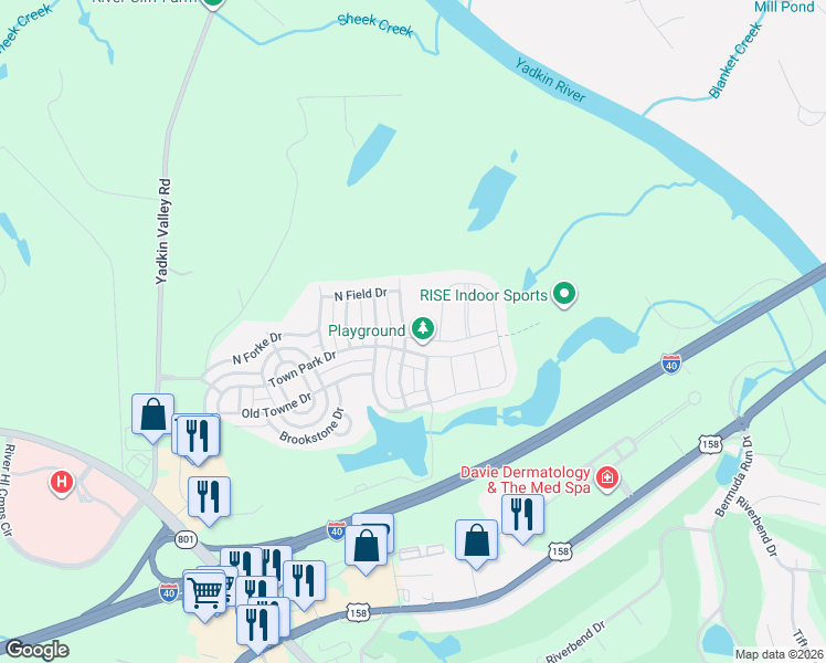map of restaurants, bars, coffee shops, grocery stores, and more near 107 Oak Wind Drive in Advance