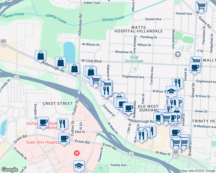 map of restaurants, bars, coffee shops, grocery stores, and more near 2701 Lawndale Avenue in Durham