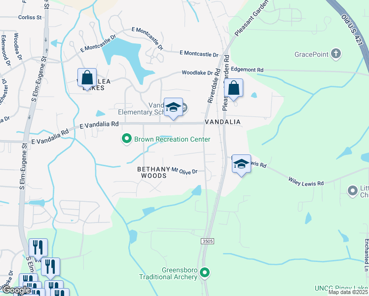 map of restaurants, bars, coffee shops, grocery stores, and more near 3812 Riverdale Road in Greensboro