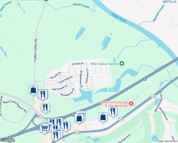 map of restaurants, bars, coffee shops, grocery stores, and more near 107 Oak Wind Drive in Advance