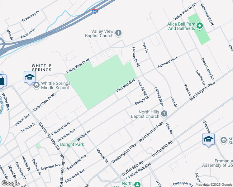 map of restaurants, bars, coffee shops, grocery stores, and more near 3300 Fairmont Boulevard in Knoxville