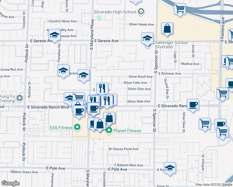 map of restaurants, bars, coffee shops, grocery stores, and more near 1469 Silver Glen Avenue in Las Vegas