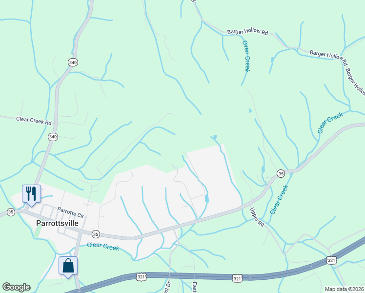 map of restaurants, bars, coffee shops, grocery stores, and more near 265 Midnight Way in Parrottsville
