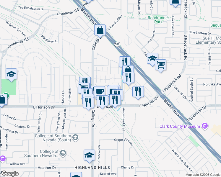 map of restaurants, bars, coffee shops, grocery stores, and more near 566 Jane Lane in Henderson