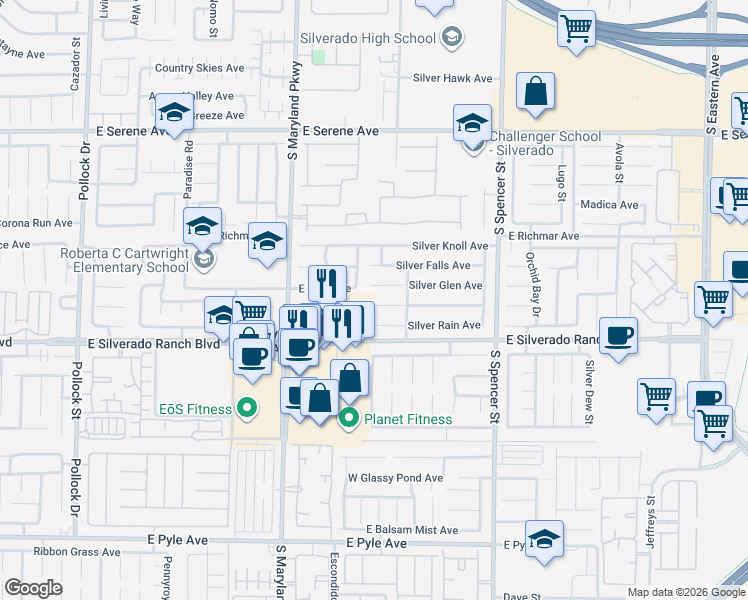 map of restaurants, bars, coffee shops, grocery stores, and more near 1469 Silver Glen Avenue in Las Vegas