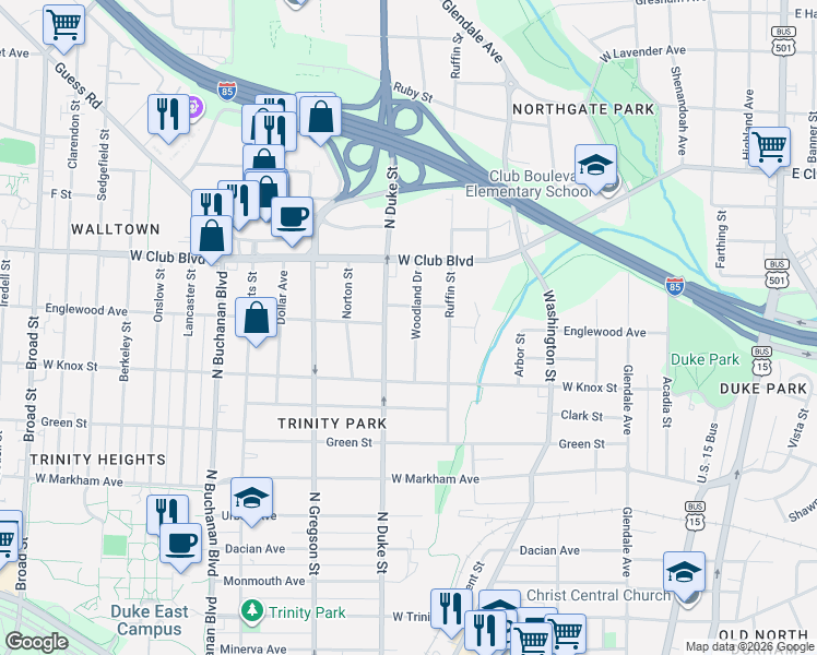 map of restaurants, bars, coffee shops, grocery stores, and more near 801 Englewood Avenue in Durham
