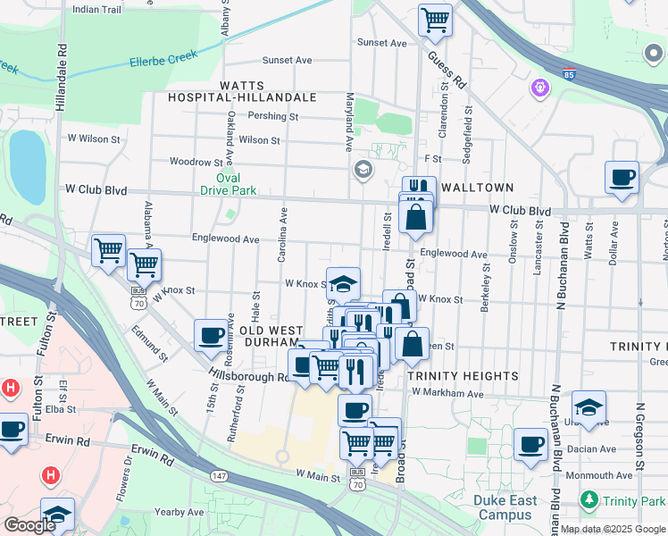 map of restaurants, bars, coffee shops, grocery stores, and more near 1017 9th Street in Durham