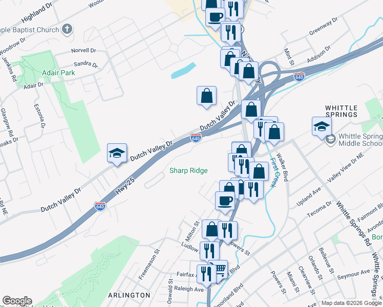 map of restaurants, bars, coffee shops, grocery stores, and more near 2050 Edgeview Way in Knoxville