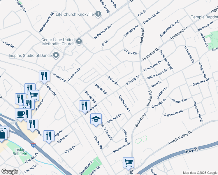 map of restaurants, bars, coffee shops, grocery stores, and more near 4829 Maple Sunset Way in Knoxville