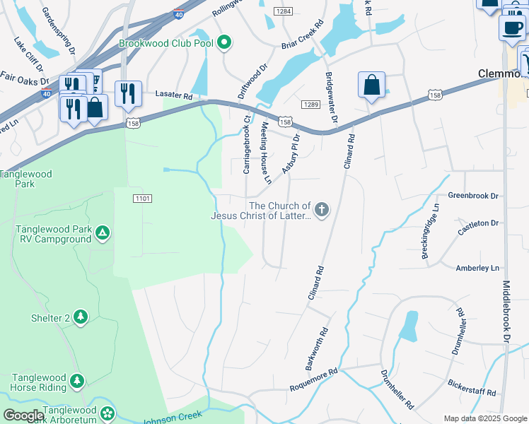 map of restaurants, bars, coffee shops, grocery stores, and more near 4432 Moratock Lane in Clemmons