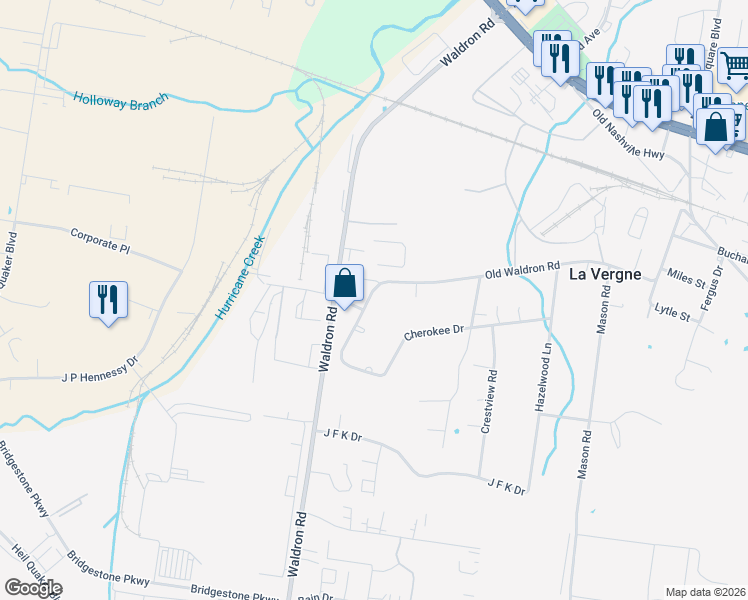 map of restaurants, bars, coffee shops, grocery stores, and more near 291 Old Waldron Road in La Vergne