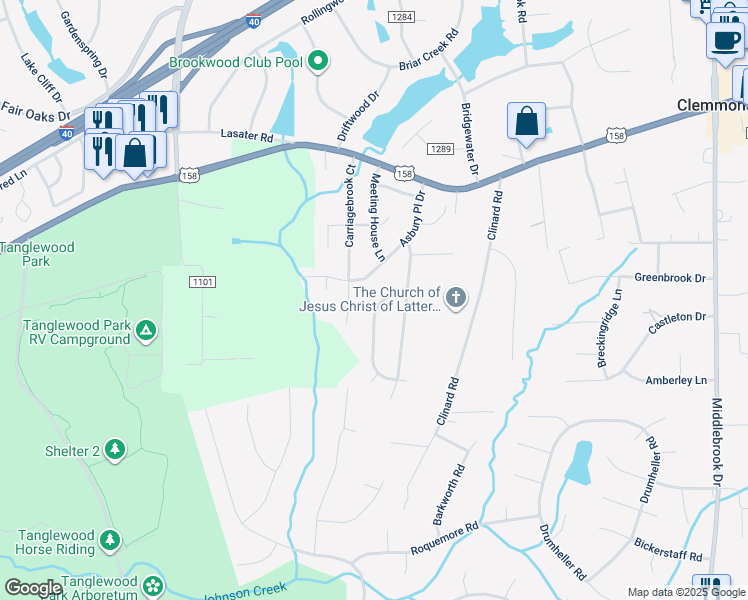 map of restaurants, bars, coffee shops, grocery stores, and more near 4432 Moratock Lane in Clemmons