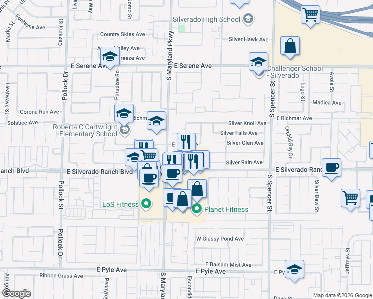 map of restaurants, bars, coffee shops, grocery stores, and more near 9601 Gray Cap Street in Las Vegas