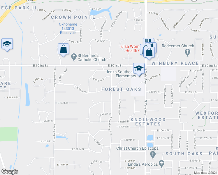 map of restaurants, bars, coffee shops, grocery stores, and more near 10238 South Sandusky Avenue in Tulsa