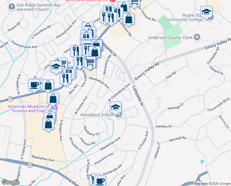 map of restaurants, bars, coffee shops, grocery stores, and more near 143 Manhattan Avenue in Oak Ridge