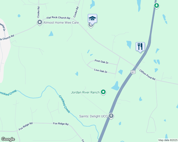 map of restaurants, bars, coffee shops, grocery stores, and more near 115 Live Oak Drive in Louisburg