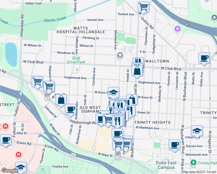 map of restaurants, bars, coffee shops, grocery stores, and more near 1001 Edith Street in Durham