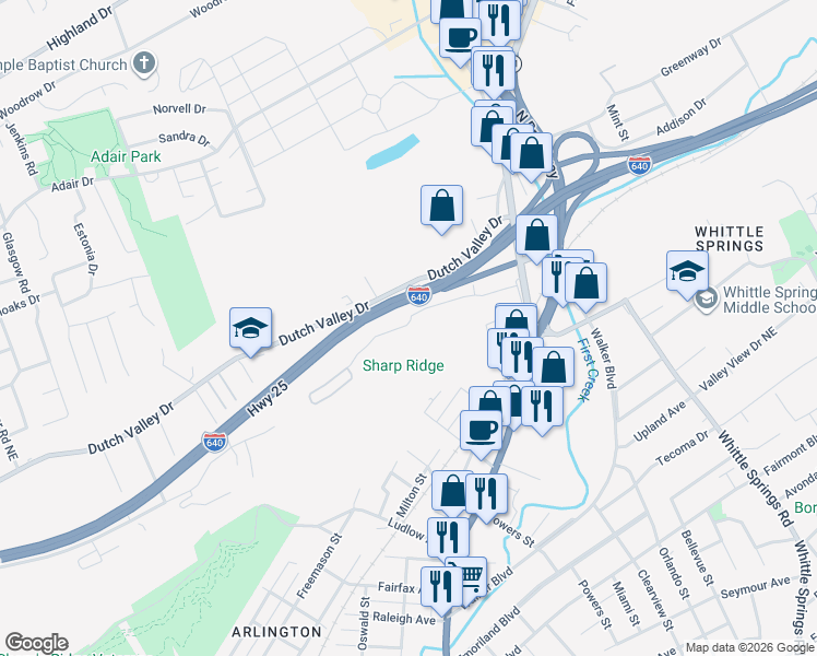 map of restaurants, bars, coffee shops, grocery stores, and more near 2050 Edgeview Way in Knoxville