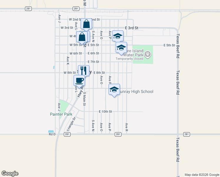 map of restaurants, bars, coffee shops, grocery stores, and more near East 9th Street in Sunray