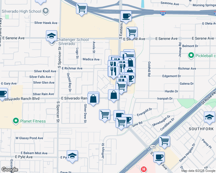 map of restaurants, bars, coffee shops, grocery stores, and more near 2300 East Silverado Ranch Boulevard in Las Vegas