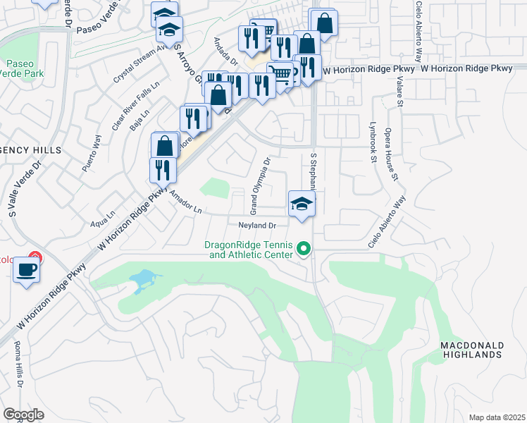 map of restaurants, bars, coffee shops, grocery stores, and more near 1415 Foothills Mills Street in Henderson