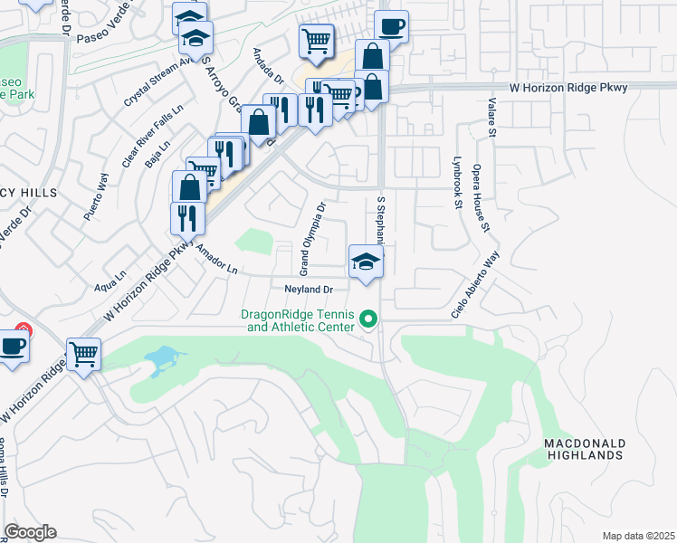 map of restaurants, bars, coffee shops, grocery stores, and more near 1405 Foothills Mills Street in Henderson
