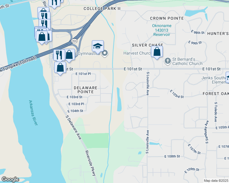 map of restaurants, bars, coffee shops, grocery stores, and more near 10309 South Gary Place in Tulsa