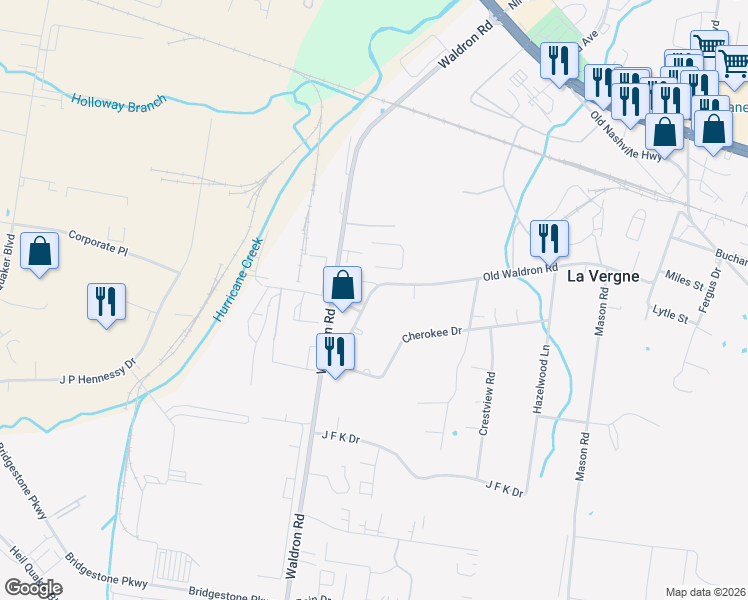 map of restaurants, bars, coffee shops, grocery stores, and more near 291 Old Waldron Road in La Vergne