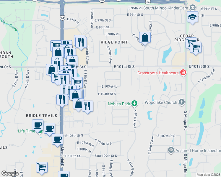 map of restaurants, bars, coffee shops, grocery stores, and more near 8656 East 103rd Street South in Tulsa