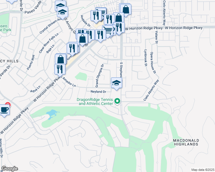 map of restaurants, bars, coffee shops, grocery stores, and more near 1405 Foothills Mills Street in Henderson