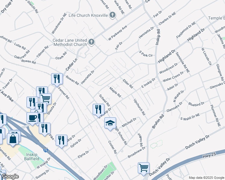 map of restaurants, bars, coffee shops, grocery stores, and more near 4861 Maple Road in Knoxville