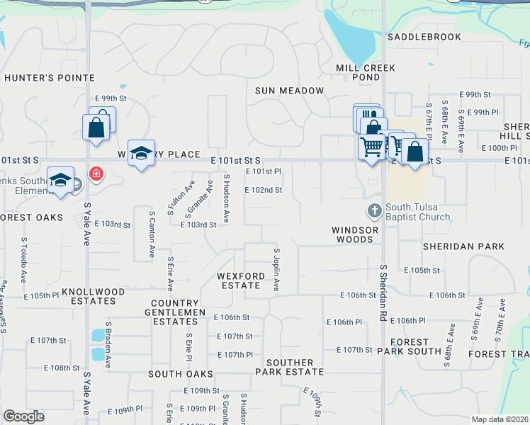 map of restaurants, bars, coffee shops, grocery stores, and more near 5734 East 102nd Place in Tulsa