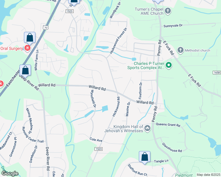 map of restaurants, bars, coffee shops, grocery stores, and more near 2525 Willard Road in High Point
