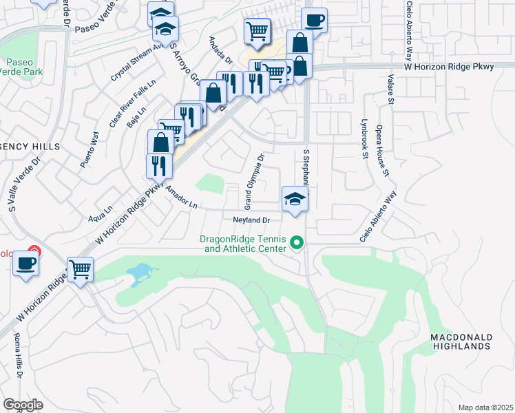 map of restaurants, bars, coffee shops, grocery stores, and more near 1415 Foothills Mills Street in Henderson