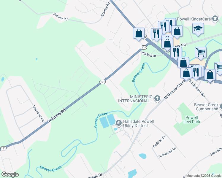 map of restaurants, bars, coffee shops, grocery stores, and more near 7423 Bridgefield Drive in Powell